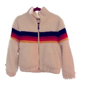 Paper Crane size small ladies fuzzy jacket with rainbow stripe. Never worn.